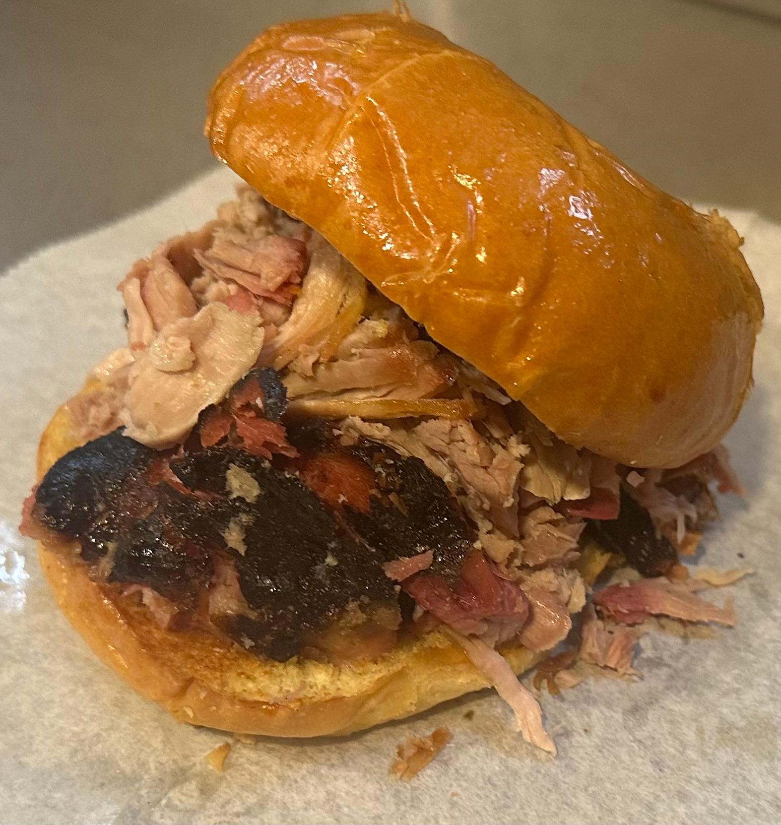 Pulled pork sandwich on bun