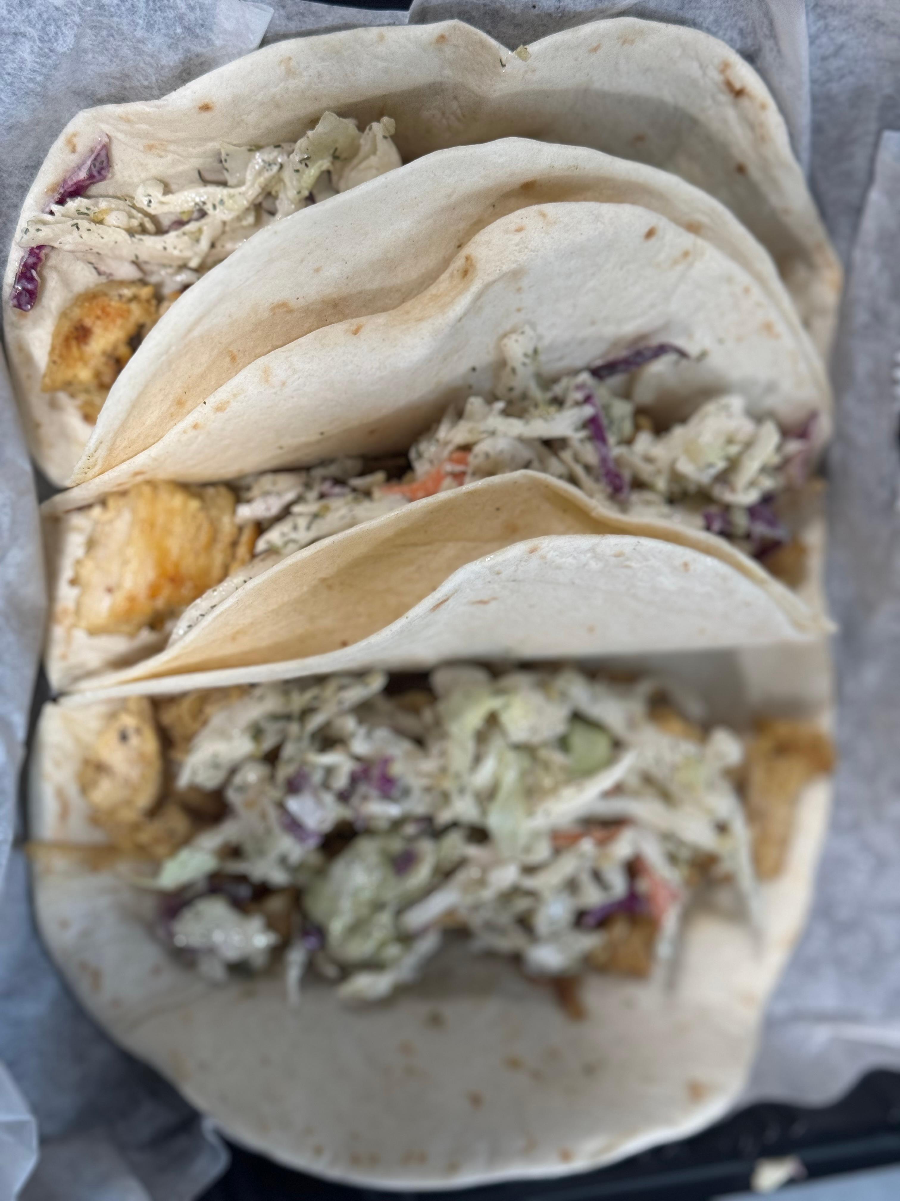 Smokin tacos with pickle slaw